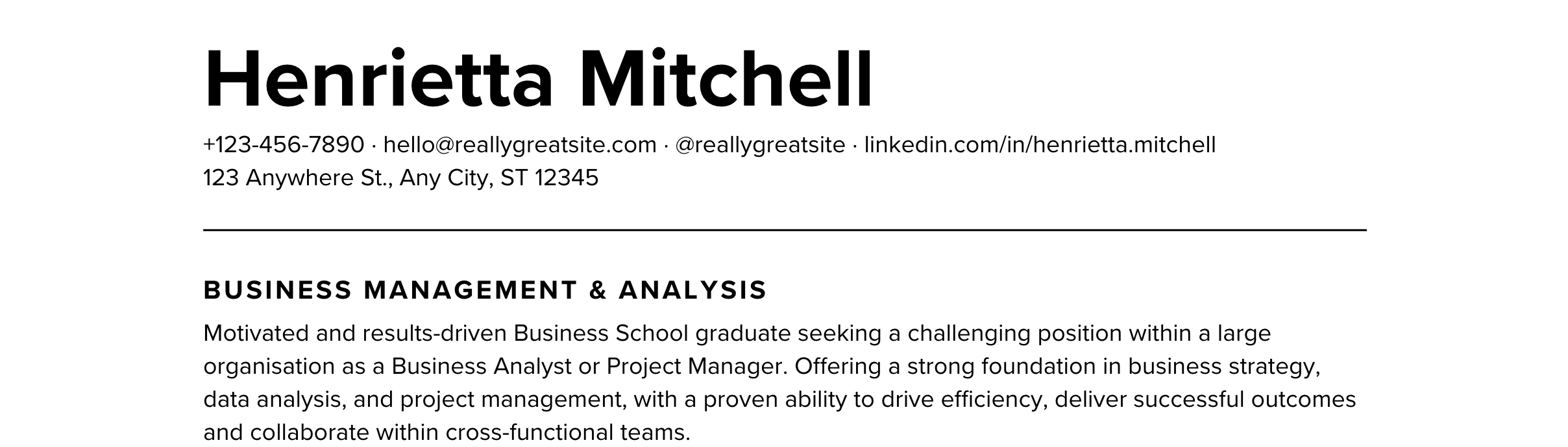 Annotated image of a resume header